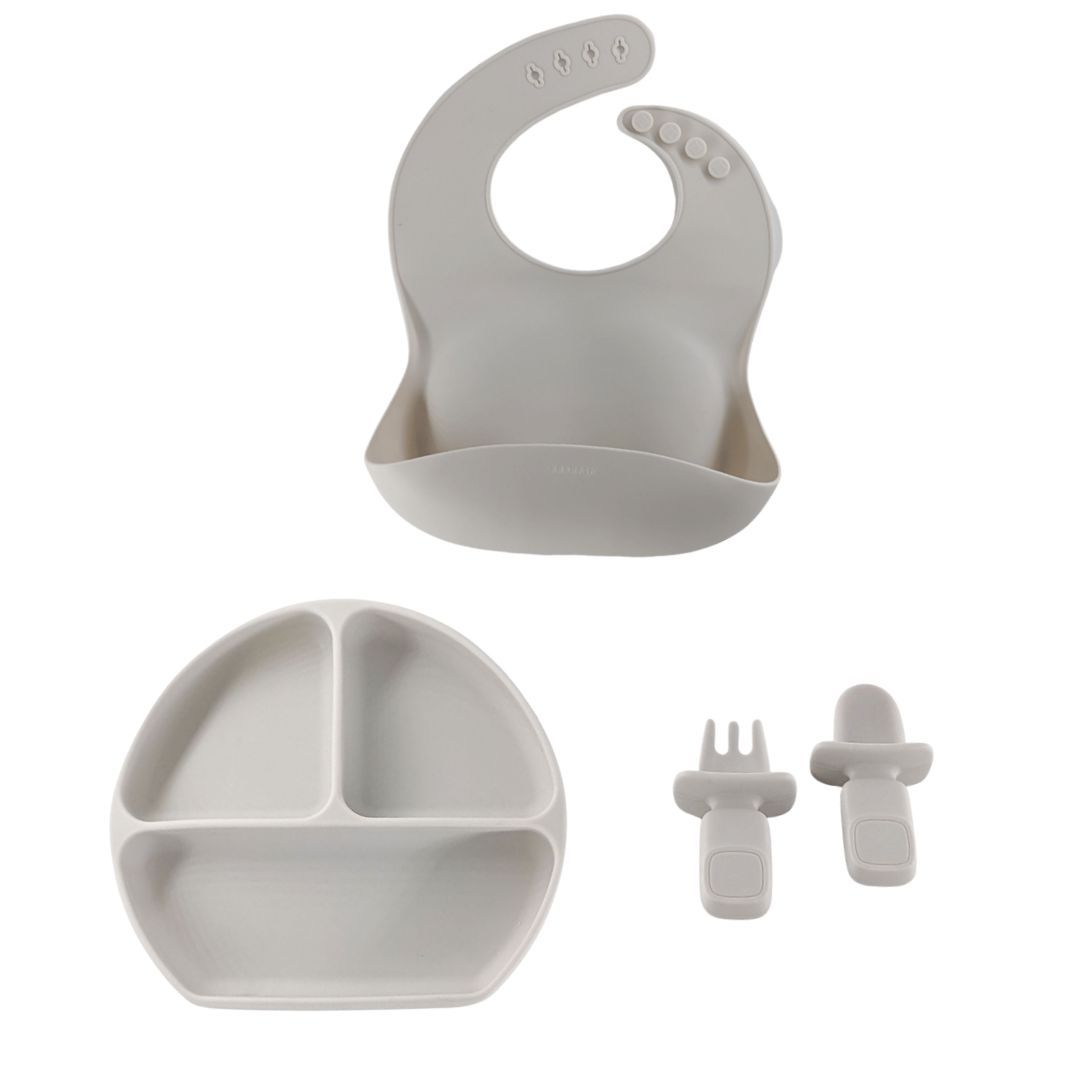 10 Months +  Feeding Set of Silicone Plate With Fork, Spoon And Silicon Bib | Silicone Feeding Essentials
