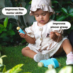 Wooden car improves fine motor skills and peg doll improves pincer grasp