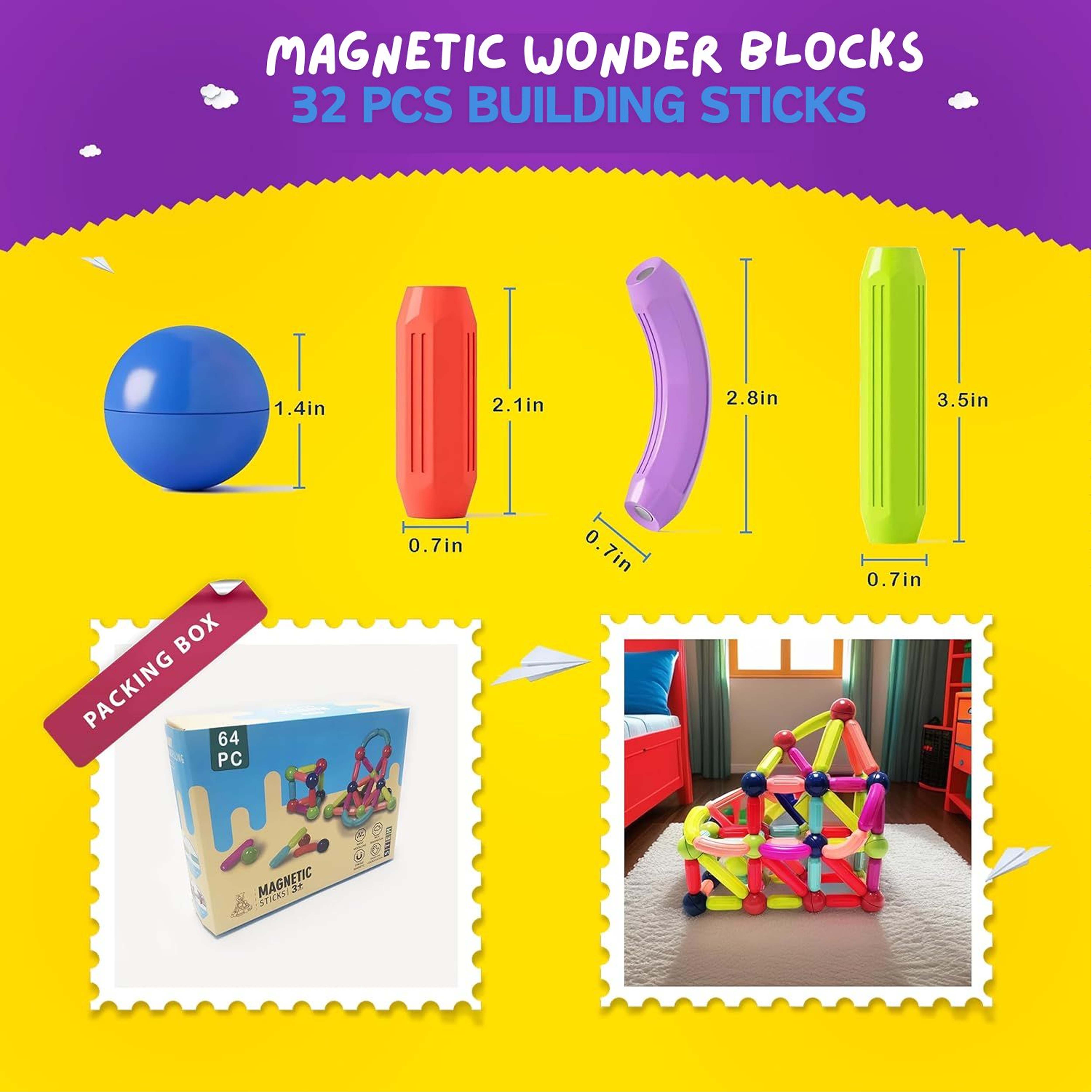 B4Brain Magnetic Building Sticks & Balls Set - Creative STEM Toys for Kids (2-14 Years) - Fun Brain Development Magnetic Roundels for Boys & Girls - Educational & Creative Play - 32 Pcs