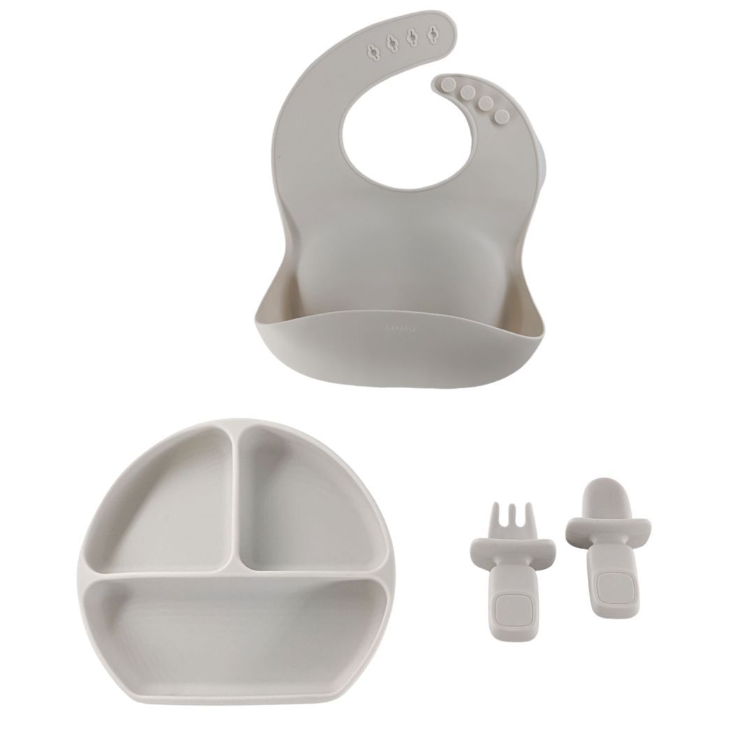 10 Months + Feeding Set of Silicone Plate With Fork, Spoon And Silicon Bib | Silicone Feeding Essentials