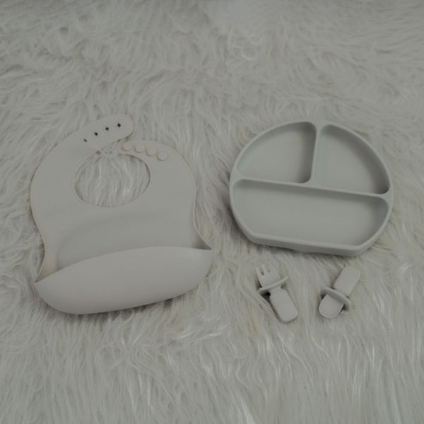 10 Months +  Feeding Set of Silicone Plate With Fork, Spoon And Silicon Bib | Silicone Feeding Essentials