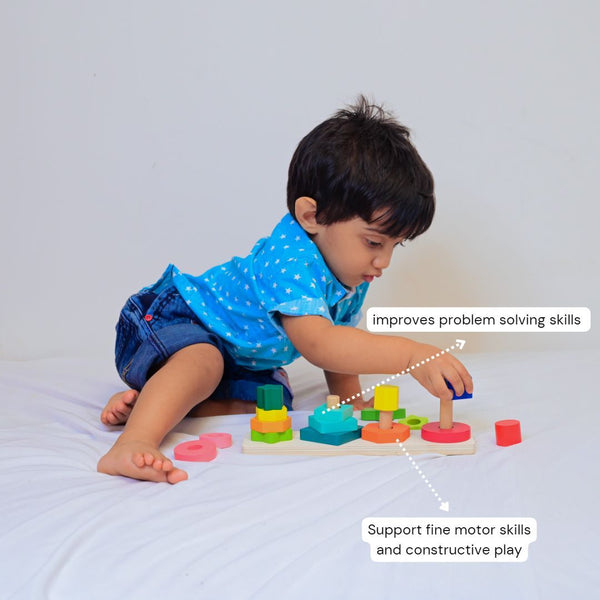 Wooden Shape sorting & stacking puzzle For babies 1-2 year for brain development designed by Experts